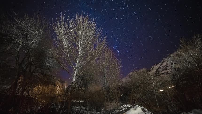 Meteors shoot across a clear starry sky