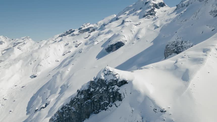 Snow covered mountain peaks on a clear day