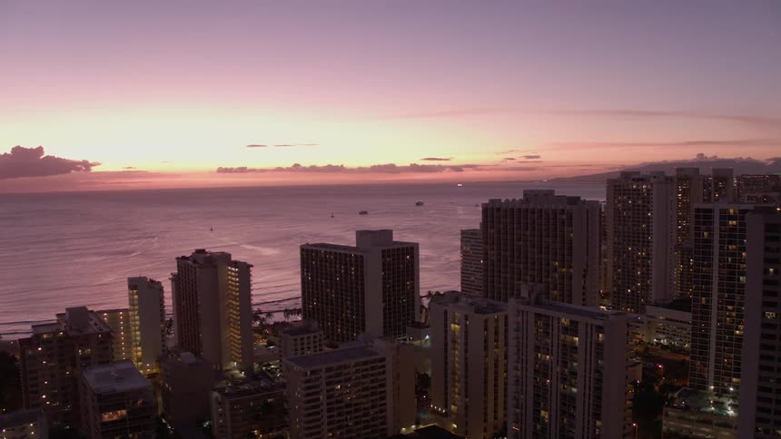 A city on the coast in the evening
