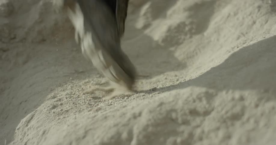 A person wearing boots walks through the sand
