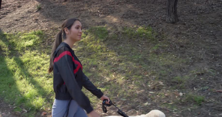 A woman is walking her dog outdoors