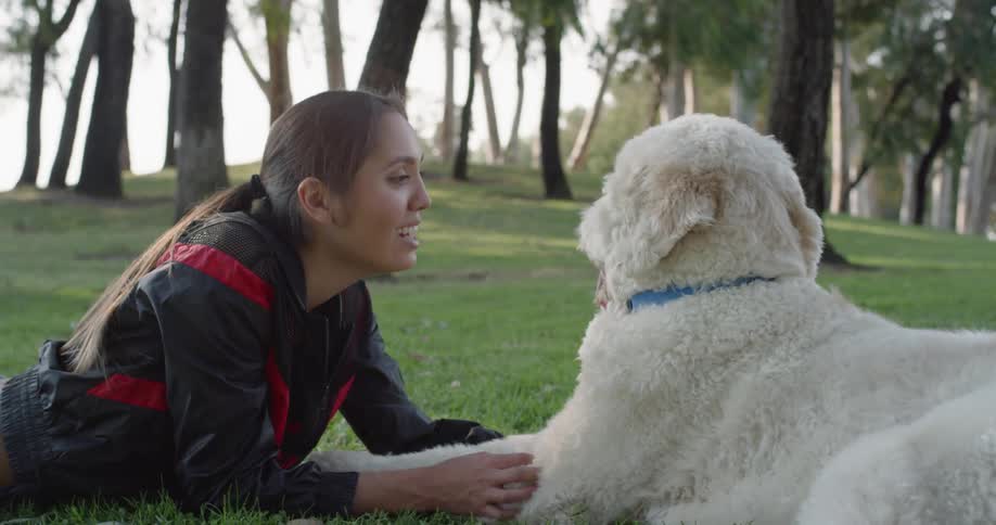 A woman lays in the grass with a dog