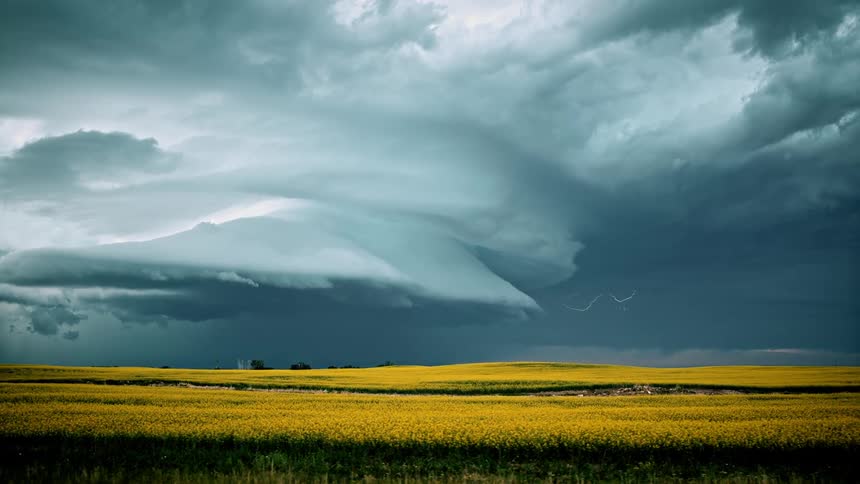 Lightning shoots down to a large grass field from dark cloudy skies