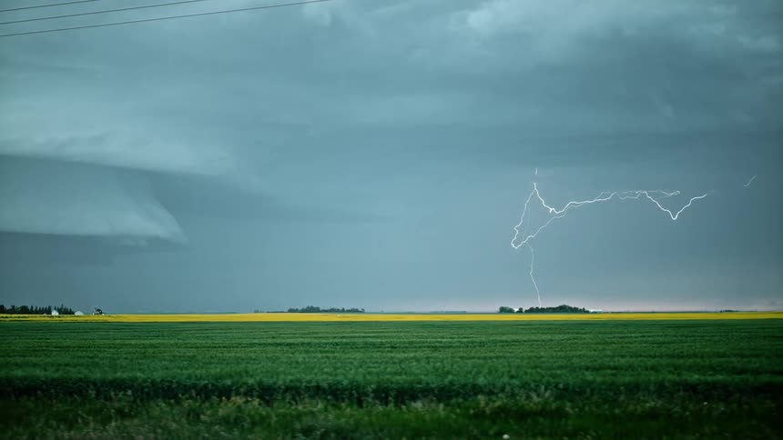 Lightning flashes across the sky and over a field