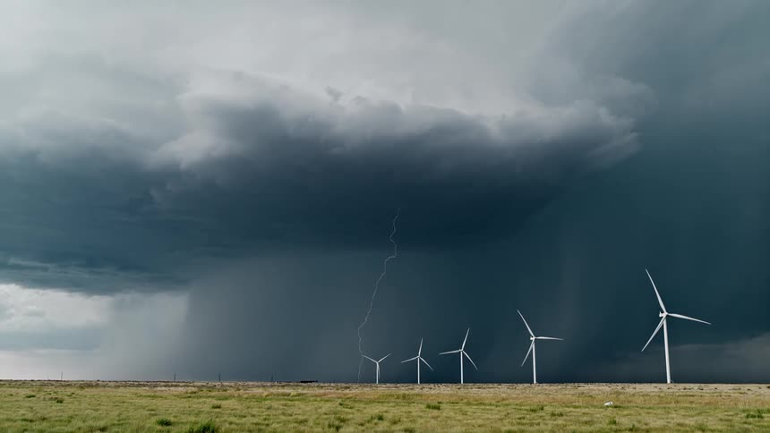 Lightning flashes above wind turbines in a field during a rainstorm