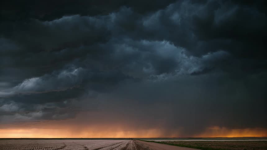 Dark storm clouds float above a rural field at sunset