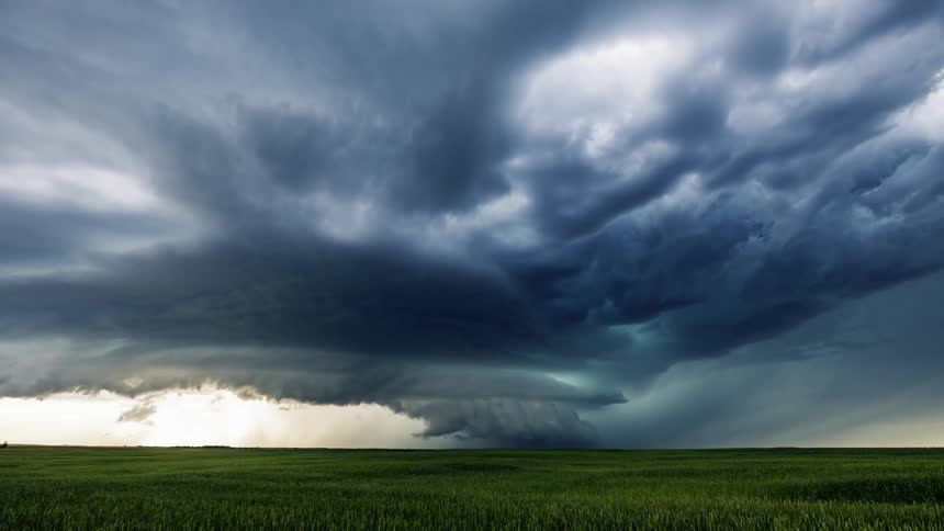 Lightning bolts in moving storm front