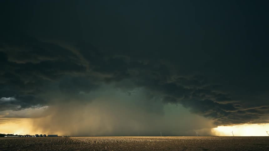 A storm builds over the plains and rain falls