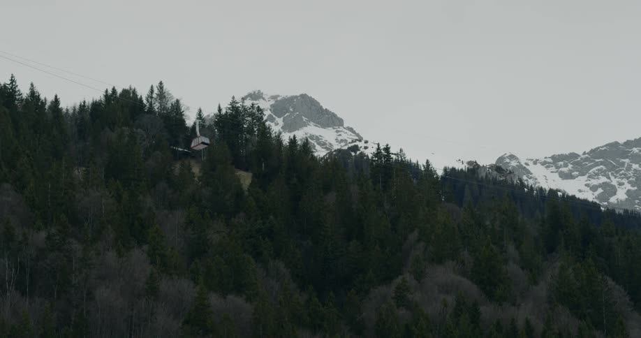 A gondola travels up a mountain area