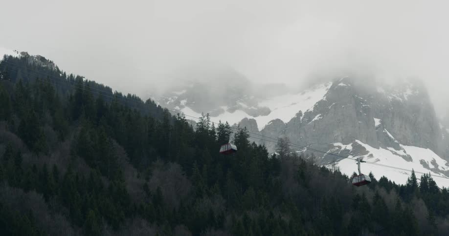 Gondolas moving in a mountain area