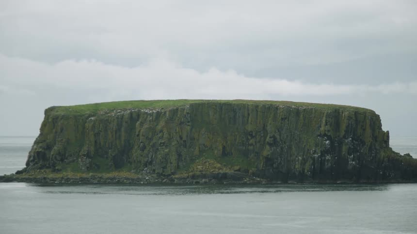 A white bird flies past a plateau in the ocean