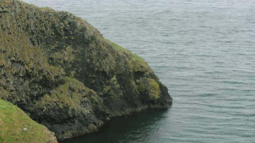 A moss covered cliff juts into the ocean