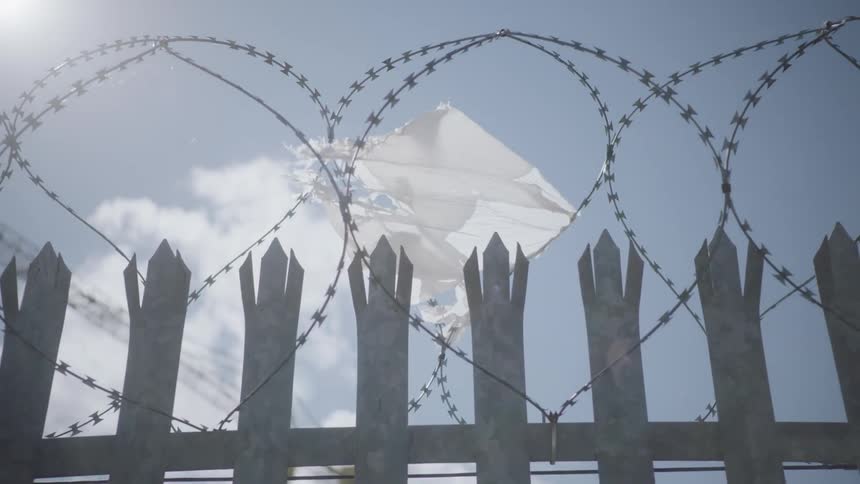 A perimeter fence with a encompasses a plastic bag