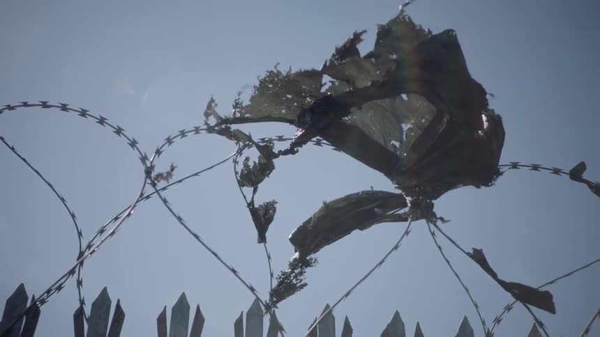 A piece of tattered fabric caught on barbed wire blows in the wind