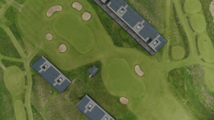 Overhead view of buildings on a golf course