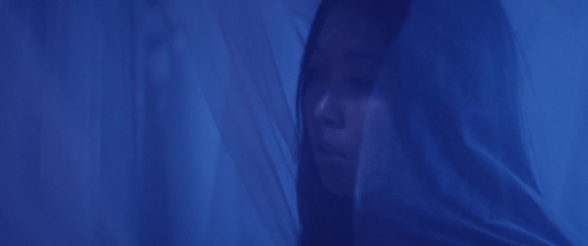 A woman walks through flowing tulle