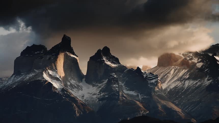 A dark cloud bank floats over a mountain range