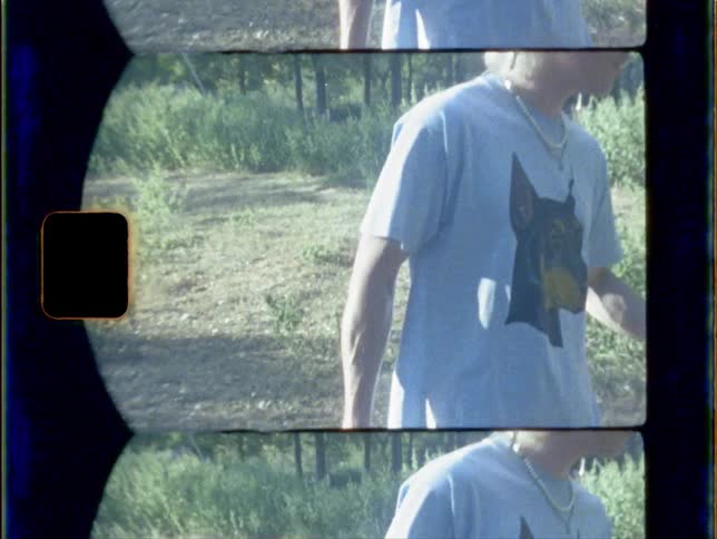 Long hair blonde man wearing t shirt feeds the brown horse on the farm during daylight