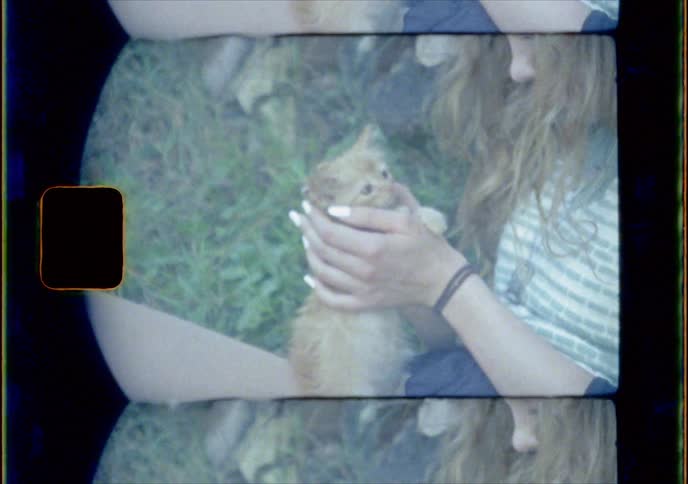 A female strokes a kitten while sitting by firewood
