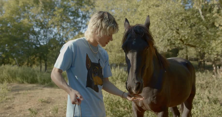 A white teenager feeds a horse out of a bucket