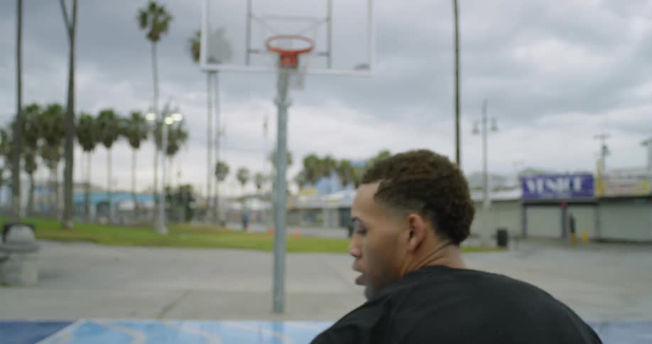 A man is playing basketball on the court