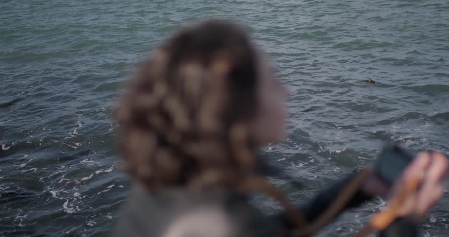 Woman stands near ocean taking picture