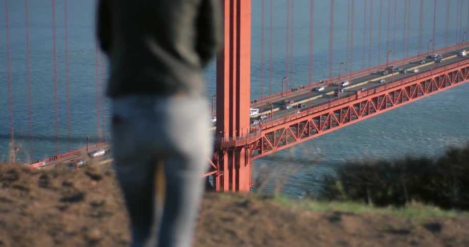 Person stands on hill overlooking suspension bridge