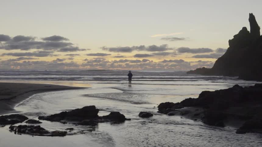 Person standing on a beach in the morning