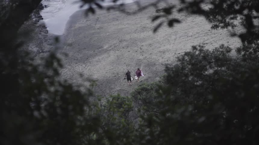 A man and woman carrying items seen from through trees as they stroll away from a beach