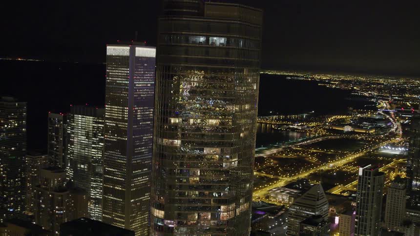 Skyline of the illuminated city with skyscrapers and tall buildings at night