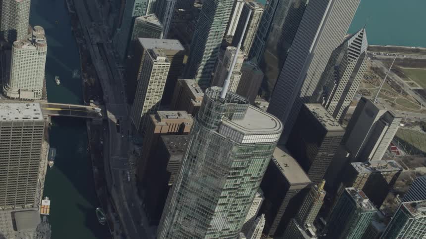 An aerial view of skyscrapers in a downtown city