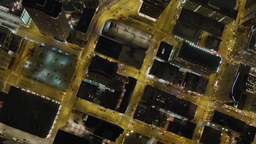 Birds eye view of a downtown area at night