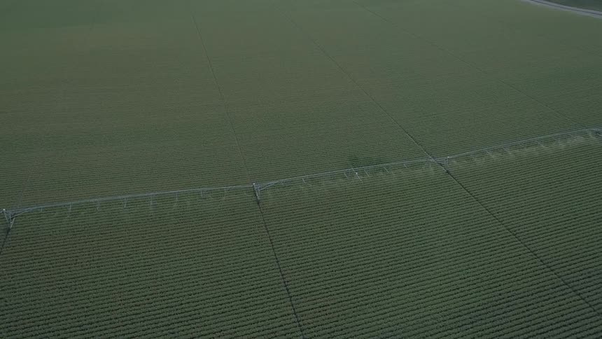 Aerial view of a field with an irrigation system