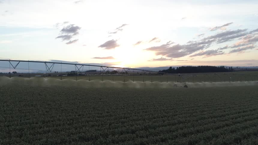 A long metal irrigation machine waters a farm field