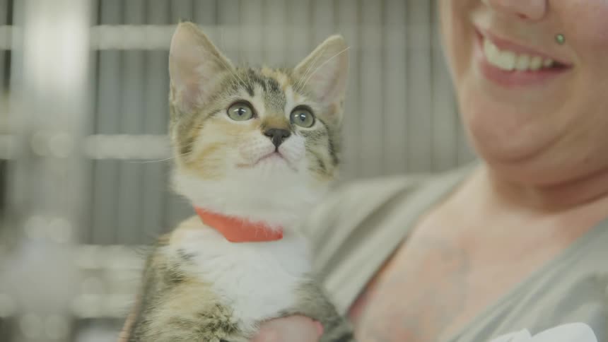 A woman smiles as she holds a cat