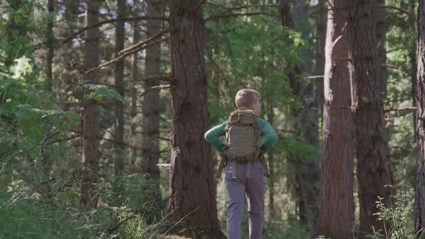 Hiker carrying a backpack hiking on a trail in the forest