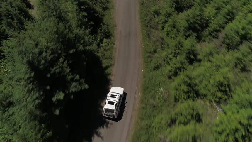 A white jeep drives swiftly along a narrow road that cuts it way through a densely forested area