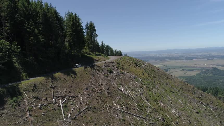 A white land rover drives across a hillside road on a sunny day