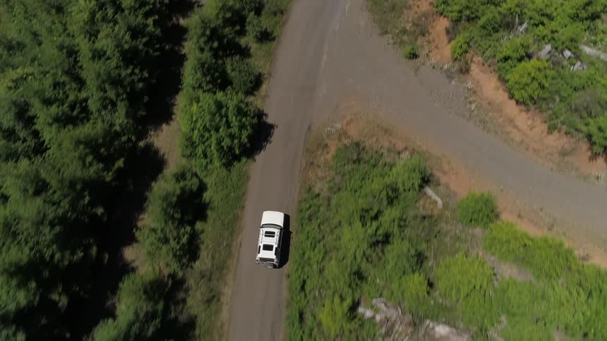 Car drives past intersection in forest