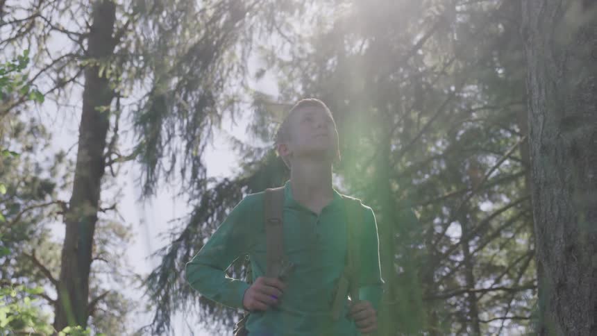 A teenage hiker stops near trees and looks up