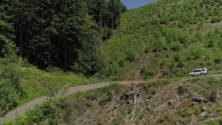An suv drives down a winding road surrounded by trees and valleys