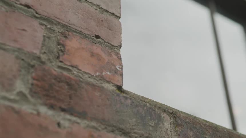 Bricks surround a reflective window on a building
