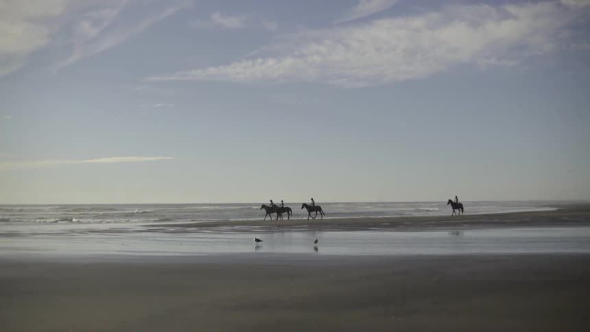 People are riding horses on the beach on a cloudy day