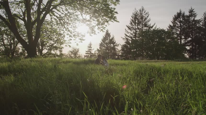 Couple sit while kissing in meadow near tree
