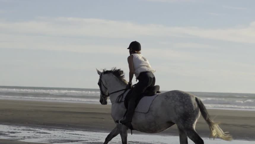 A person is riding a horse by the shore on a cloudy day