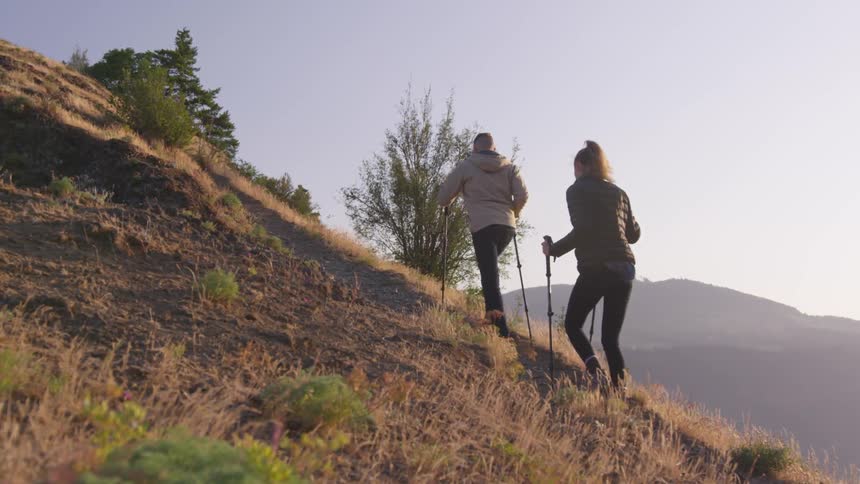 Two people hiking up a slope using ski poles to help them climb