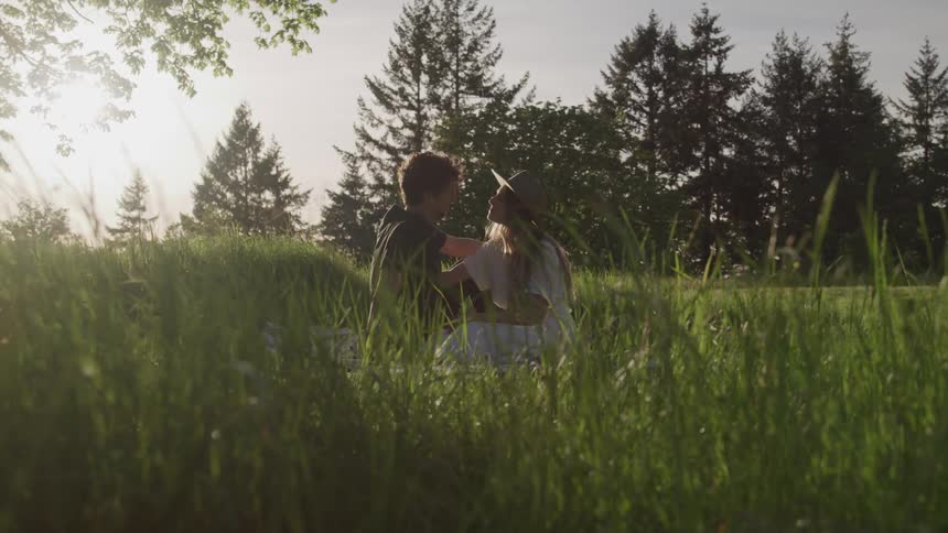 Man and woman sit on the grass and kiss each other in the forest during daylight