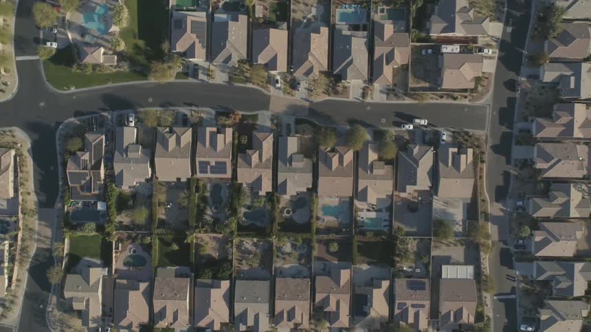 An aerial view of houses in a neighborhood