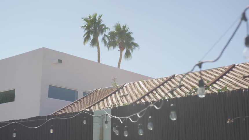 A pair of buildings in front of a pair of palm trees