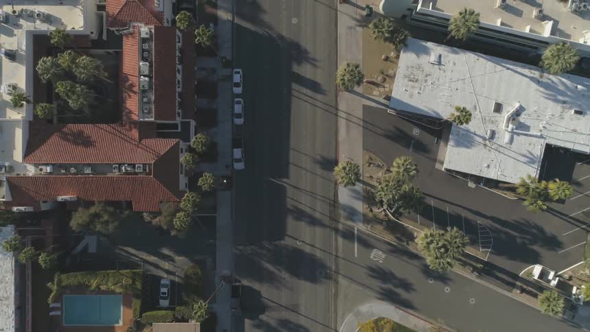 A dump truck and cars travel on a city street passing by buildings and palm trees on a sunny day